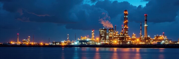 Illuminated petrochemical plant against night sky, production, plant