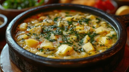 Rustic potato stew, restaurant, close-up, herbs, meal