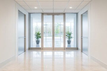 Obraz premium Modern Office Building Interior with Glass Doors and Plants