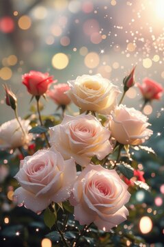 Fondo de pantalla de un rosal en una atm&oacute;sfera on&iacute;rica y rom&aacute;ntica, con bokeh y destellos de luz de fondo.