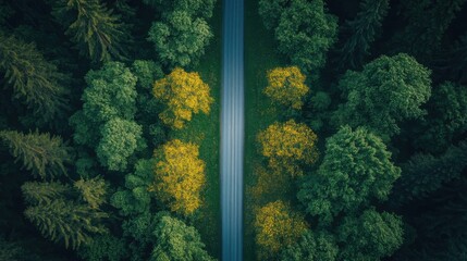 Fototapeta premium Forest road aerial view. Trees with green and yellow leaves grow next to a grey asphalt road in the woods.