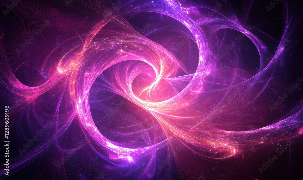 Wall mural cosmic abstract design with swirling purple and pink neon light, glowing particles creating a dynami