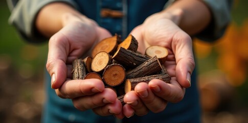 Fototapeta premium Hands presenting pile of eucalyptus wood fuel , eco-friendly, eco