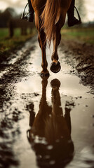 Fototapeta premium Close-up of a horseâ€™s hooves walking through a muddy path with reflection in the water, symbolizing motion, connection with nature, and equestrian life.