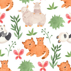 Obraz premium Seamless pattern of jungle safari animals. Hand drawn watercolor illustration of mother and baby tiger, hippo and panda surrounded tropical. Perfect for nursery