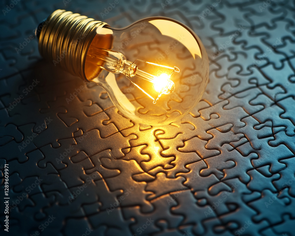 Fototapete A glowing lightbulb on a puzzle background symbolizing ideas, problem-solving, and innovation, representing the spark of creativity and the process of finding solutions.
