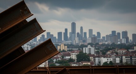 Fototapeta premium Urban skyline with industrial steel beams prominently featured against a moody sky, symbolizing construction and development