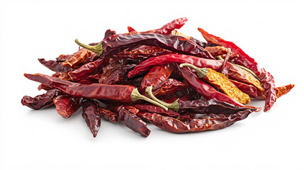 A pile of dried red chili peppers with wrinkled texture and deep colors scattered on a white background used for seasoning and cooking  
