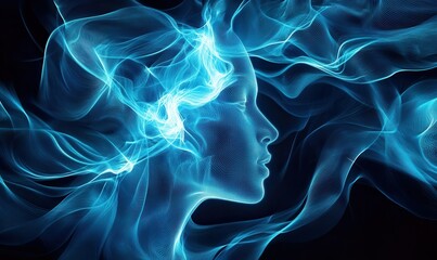 Futuristic data visualization glowing in dynamic blue tones, featuring intricate digital patterns on a sleek dark background