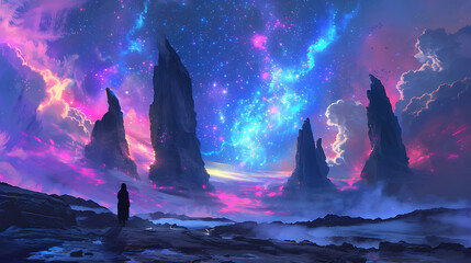 Solitary Figure Beneath a Cosmic Sky and Towering Peaks