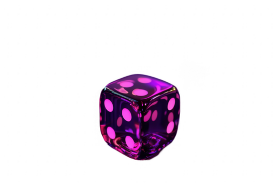 Bright purple cubic die with pink dots placed on a clean white background, ideal for board games or gambling activities at home or in a social gathering setting