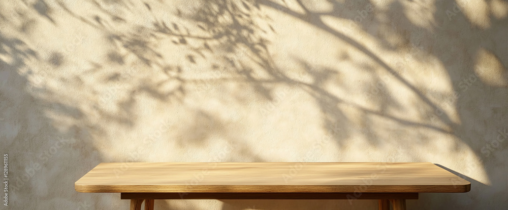 Poster a wooden table with soft shadows cast on a neutral textured wall, evoking a sense of calm, simplicit