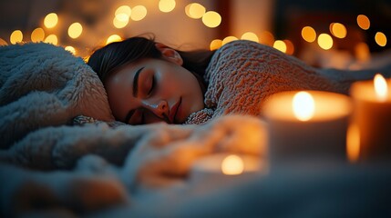 A person is peacefully asleep in a cozy setting surrounded by soft blankets and warm candlelight, promoting relaxation and a sense of comfort for effective sleep and recovery