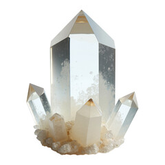 Pristine clear quartz crystal cluster isolated on transparent background. Ethereal gemstone for...