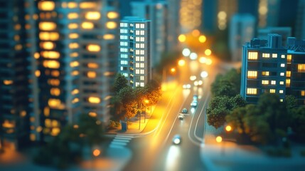 City model at night, lights, cars, trees.  Possible use urban planning