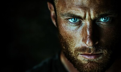 Obraz premium Intense portrait of a man with piercing blue eyes and a rugged expression, softly lit to capture depth and emotion against a moody background