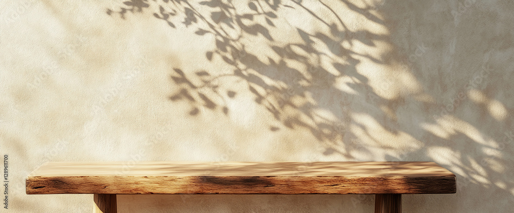 Poster A wooden table with soft shadows from a nearby branch on a light-colored wall, creating a calming and serene atmosphere, symbolizing simplicity, nature, and peaceful design.