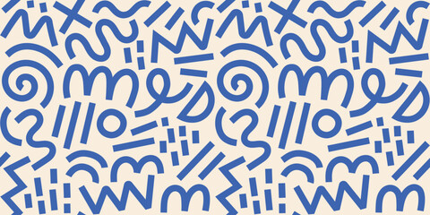 Memphis geometric seamless pattern. Pink blue abstract background in retro 80s, 90s style with various shapes: circles, semicircles, dots, zigzags, spirals, wavy lines. Cute kid doodle design.	
