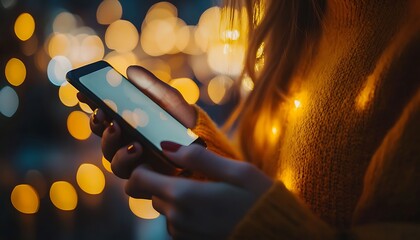 Woman holding smartphone with blurred bokeh lights in the background
