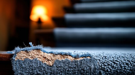 Worn-out blue carpet on stairs, highlighting damage and age with a warm, inviting glow in the background.