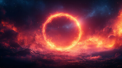 a mesmerizing fantasy art featuring a glowing fiery ring set in a cosmic landscape. This vibrant design fuses dynamic energy and mystery in a futuristic spectacle.