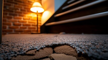 Obraz premium A close-up of worn carpet on the stairs with a soft lamp casting warm light in the background.