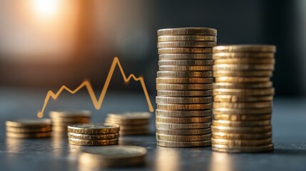 A pile of golden coins stacked in front of a rising graph line symbolizing financial growth and success in business investments, under warm light.