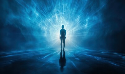 Glowing silhouette of a person standing before radiant blue light beams, evoking inspiration and spiritual transcendence