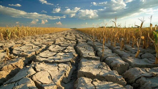 Low-angle video shot of a cracked, dry field under a dramatic sky, highlighting drought effects and environmental concerns in a cinematic style.
