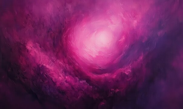Dramatic abstract painting of swirling pink and purple nebula, softly illuminated to emphasize its cosmic and mysterious design