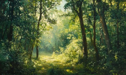 Naklejka premium Dense green forest with sunlight filtering through the canopy, creating dappled shadows and a serene natural atmosphere