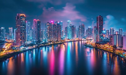 Fototapeta premium Dramatic aerial view of a glowing cityscape at night with neon lights reflecting on a calm river, creating a futuristic and dynamic urban scene