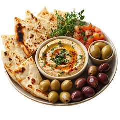 Traditional Middle Eastern food platter with hummus, olives, and pita bread, isolated on transparent background, png