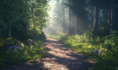 Obraz premium Dramatic forest pathway under soft sunlight filtering through the trees, inviting peaceful reflection.