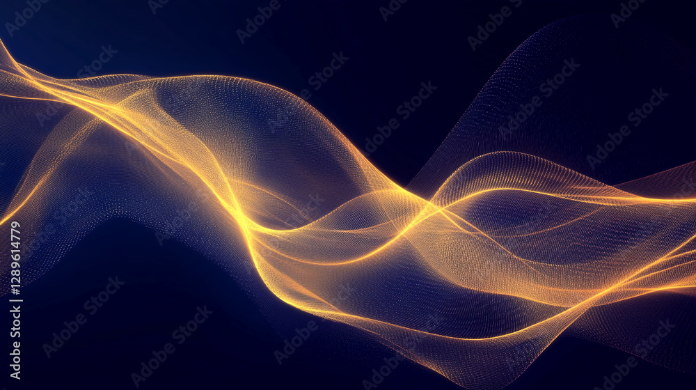 Poster A digital abstract wave of glowing particles in yellow, creating a smooth fluid motion on a dark background, symbolizing energy, technology, and modern design.