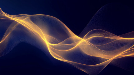 Fototapeta premium A digital abstract wave of glowing particles in yellow, creating a smooth fluid motion on a dark background, symbolizing energy, technology, and modern design.