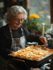 Elderly woman smiling while baking homemade lasagna in the kitchen with apron and cheese.