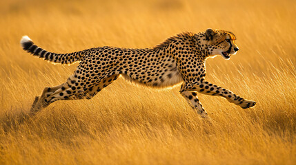 A fast-moving cheetah sprints through golden grasslands, showcasing its speed, agility, and power in the wild

