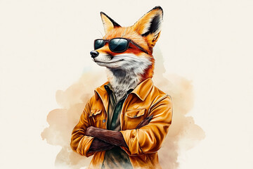 A sophisticated anthropomorphic fox wearing sunglasses and a stylish orange jacket with arms crossed against a neutral background.
