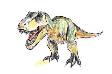 Colorful pencil sketch of a Tyrannosaurus Rex standing with its mouth open showing sharp teeth.
