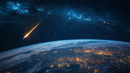 Bright meteor falling through night sky over illuminated Earth surface with glowing city lights. Space view of planet with Milky Way galaxy and shooting star. Cosmic scenery