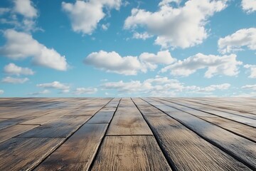 Wooden Deck and a Blue Sky with Fluffy White Clouds