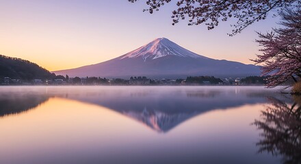 Naklejka premium Snow Mountain Reflecting in Lake Water at Sunrise with Spring Blossoms