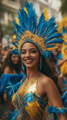 Vibrant carnival dancer in a colorful costume, exuding joy and tradition at a lively festival parade.