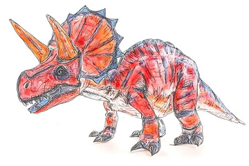 Obraz premium Red and orange watercolor illustration of a Triceratops dinosaur with blue accents standing against a white background.