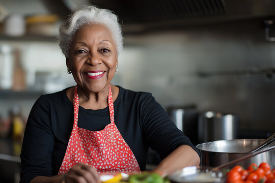 Chef smiling in the kitchen with apron, cooking vegetables and food, showcasing culinary skills