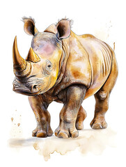 Fototapeta premium Watercolor illustration of a rhinoceros depicting its strength and unique features with delicate washes and details.