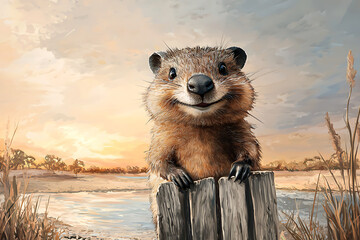 A smiling groundhog peers over a weathered wooden fence set against a warm sunset landscape by the water.
