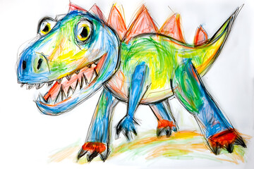 A colorful cartoon-like dinosaur drawing with jagged teeth and plates on its back rendered with expressive crayon or marker strokes.