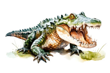 Watercolor illustration of a formidable alligator with its mouth wide open showcasing its sharp teeth.